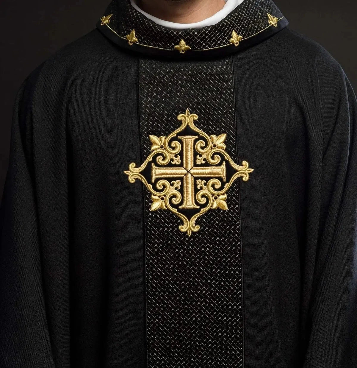 Black Velvet Chasuble with Tonal Cross Embroidery - detail 3