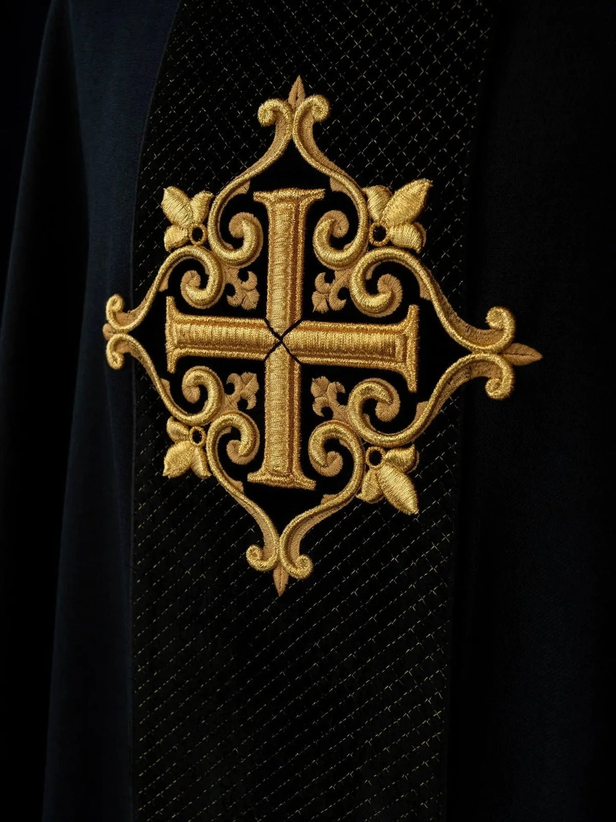 Black Velvet Chasuble with Tonal Cross Embroidery - detail 4