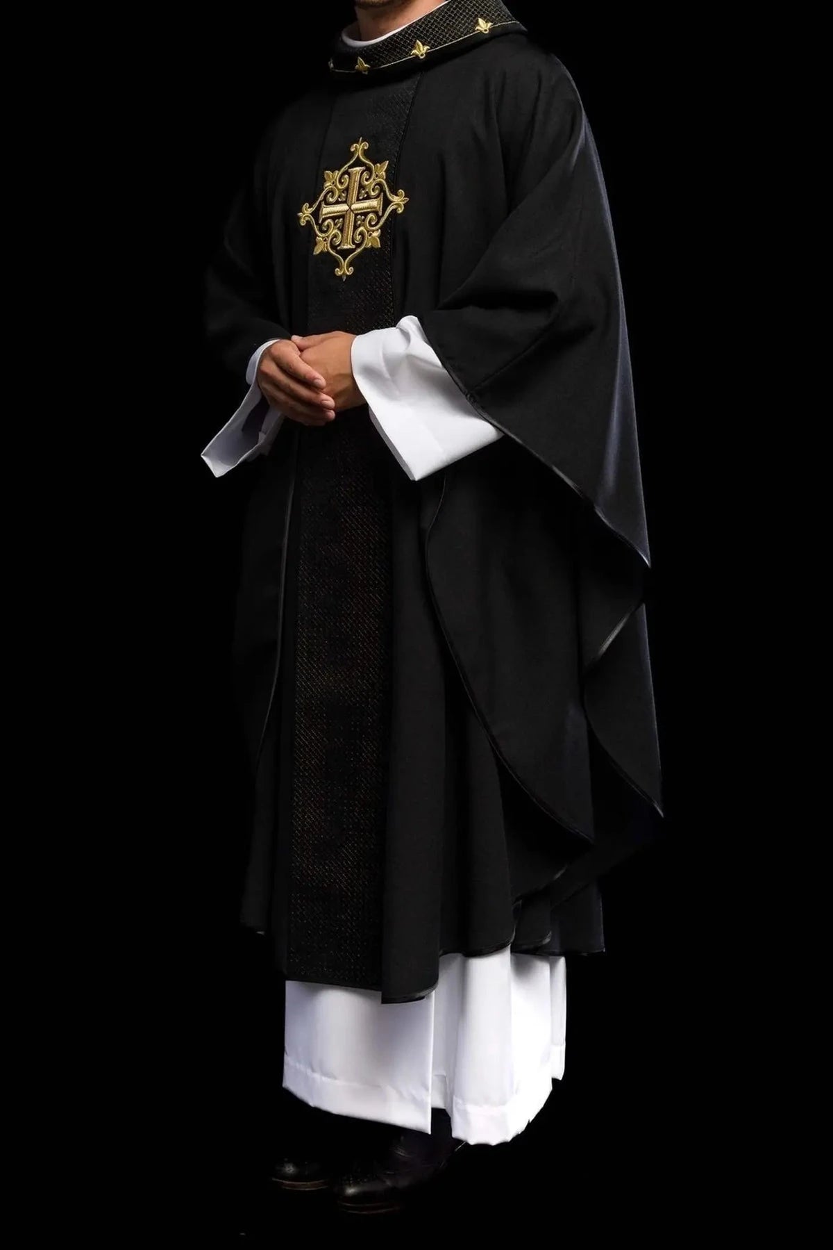 Black Velvet Chasuble with Tonal Cross Embroidery - detail 8