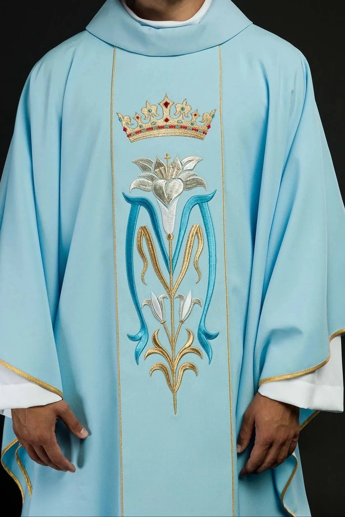 Blue Marian Chasuble with Crown and Lily Embroidery - gallery view 1
