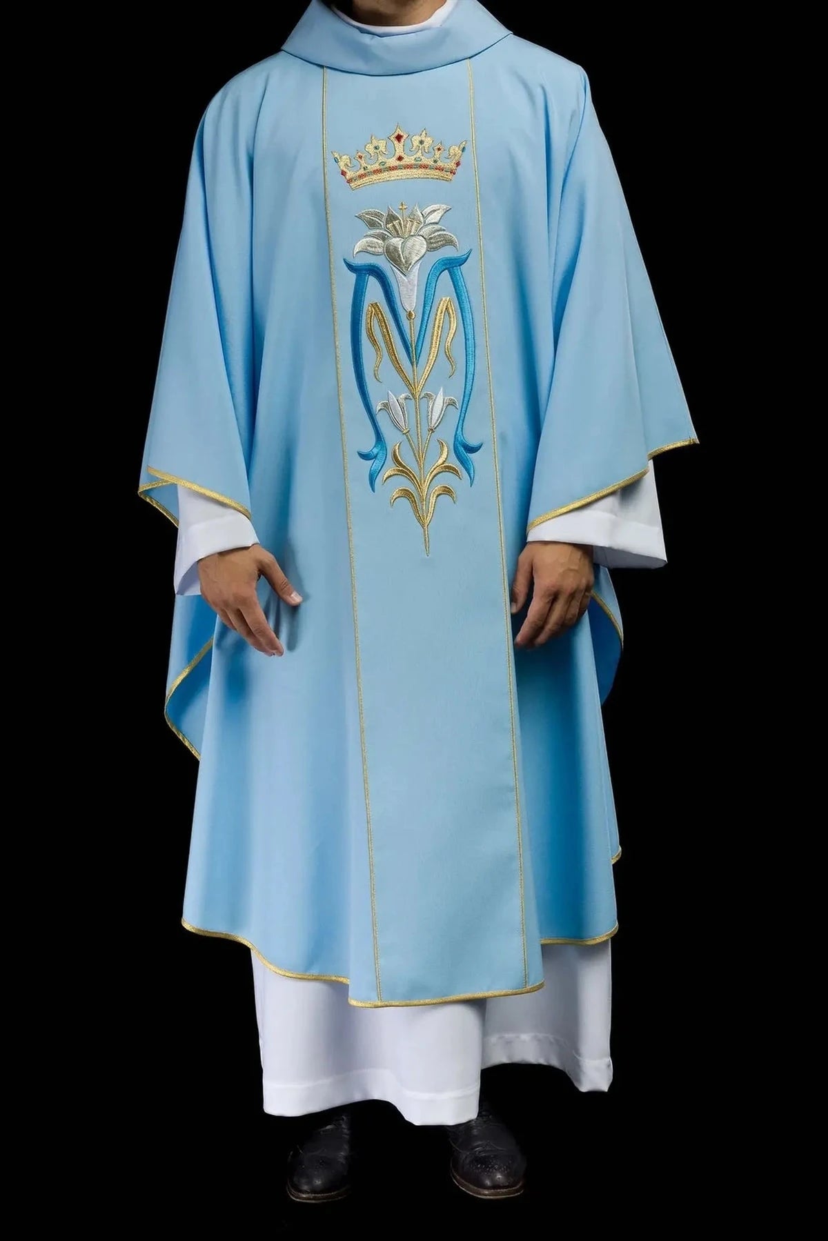 Blue Marian Chasuble with Crown and Lily Embroidery - gallery view 2
