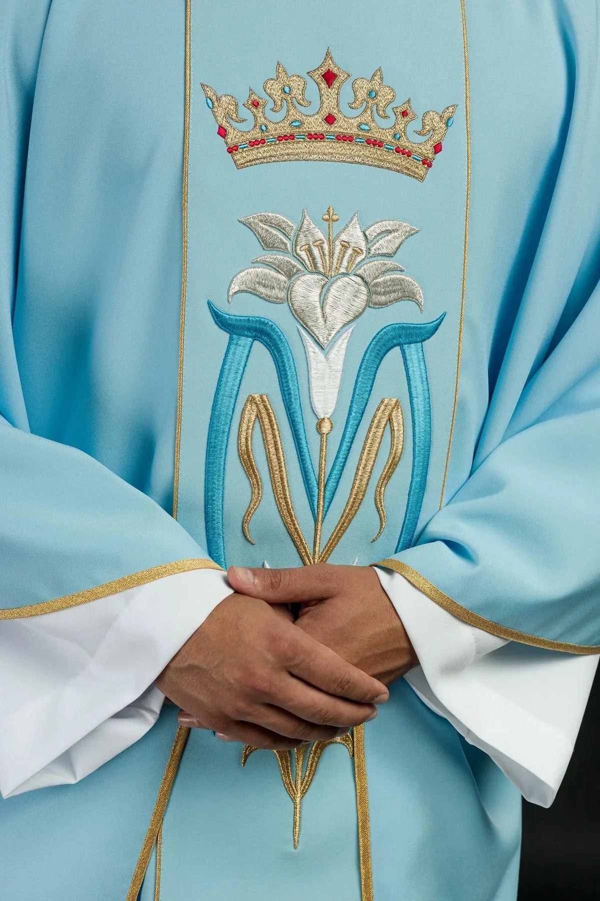 Blue Marian Chasuble with Crown and Lily Embroidery - gallery view 4