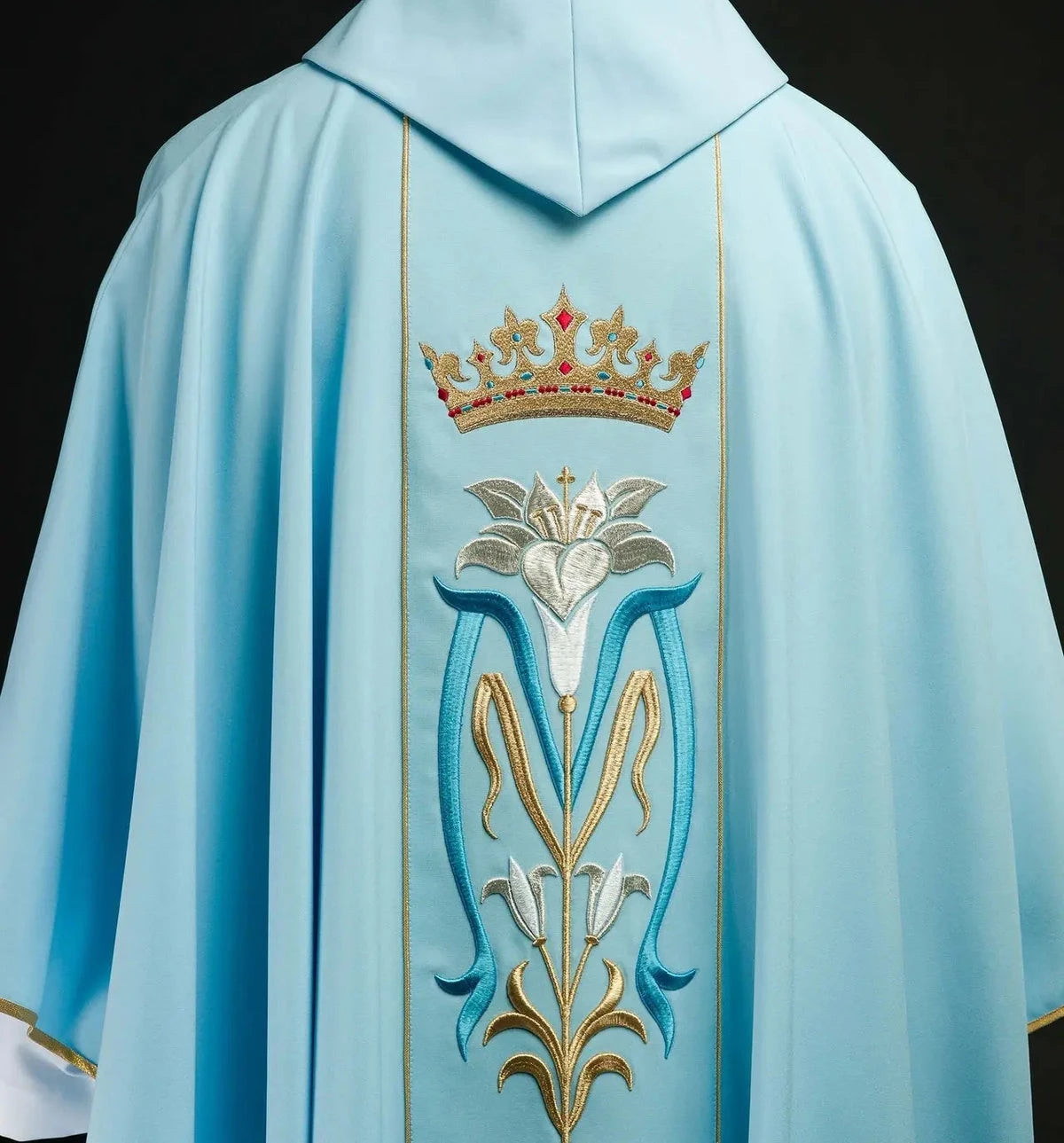 Blue Marian Chasuble with Crown and Lily Embroidery - gallery view 7