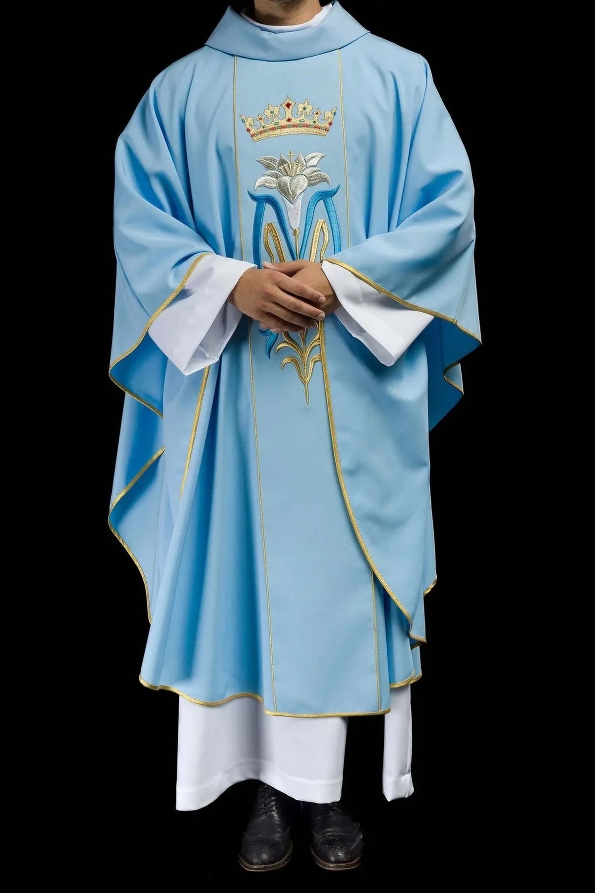 Blue Marian Chasuble with Crown and Lily Embroidery - gallery view 9