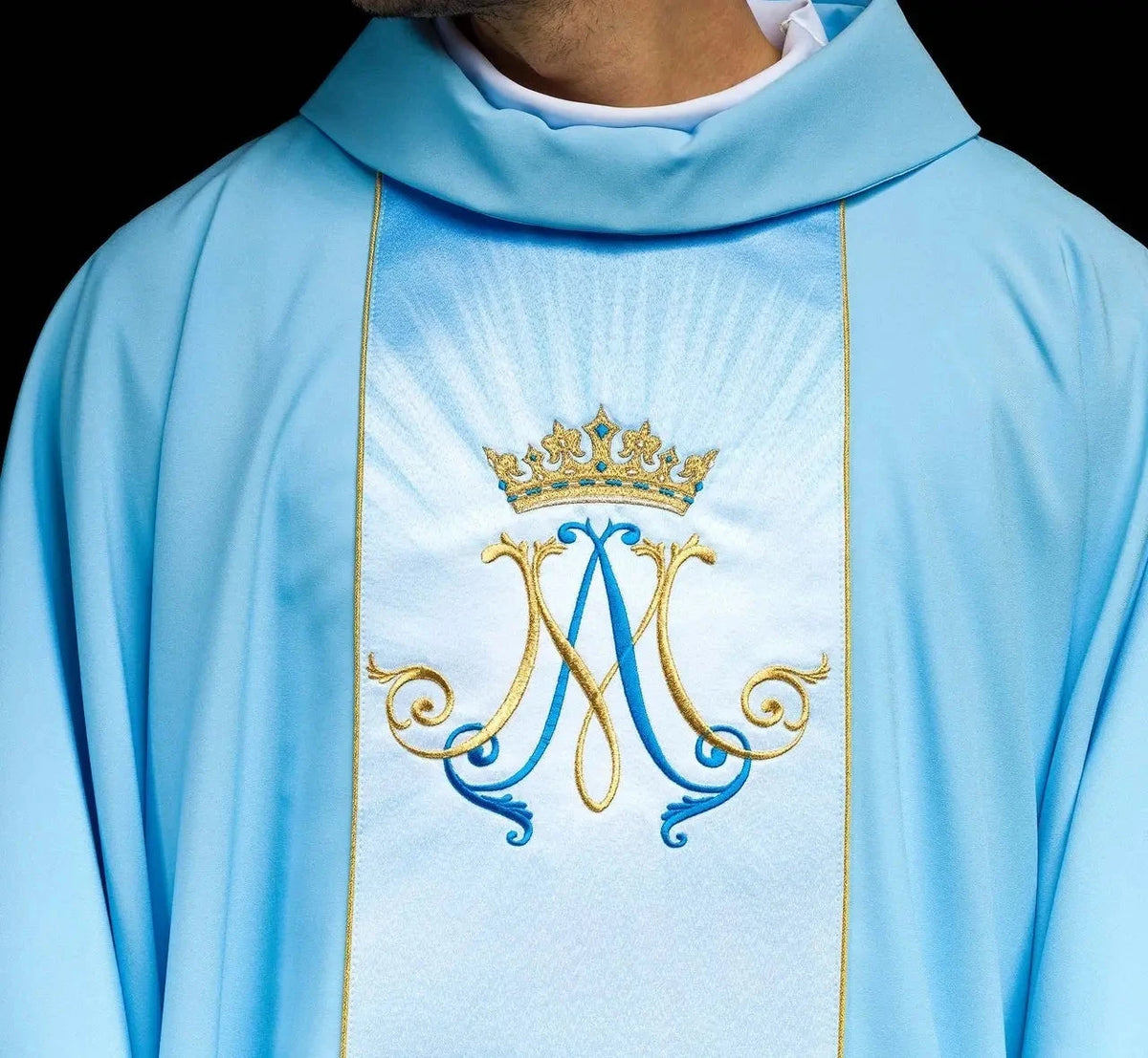 Blue Marian Chasuble with Crowned M and Embroidered Front Panel - gallery view 2