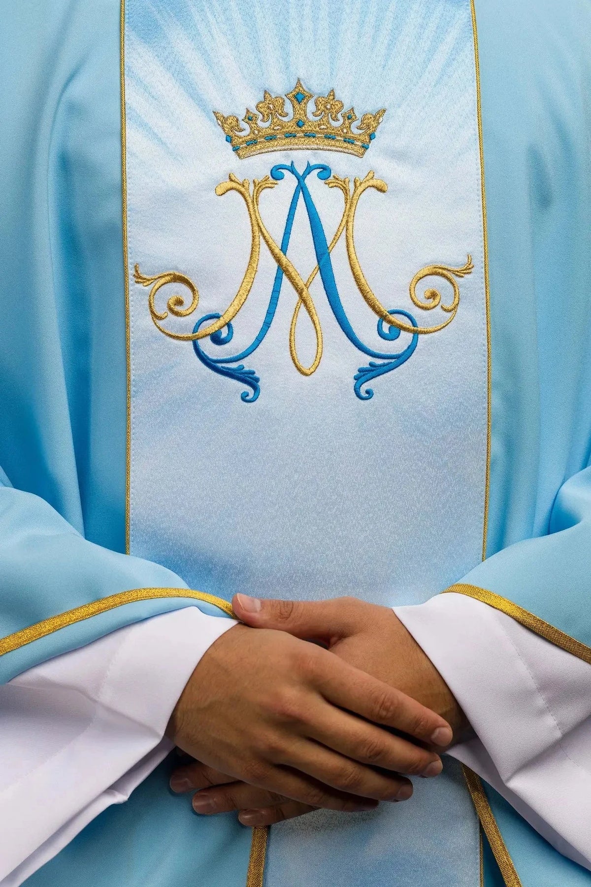 Blue Marian Chasuble with Crowned M and Embroidered Front Panel - gallery view 3