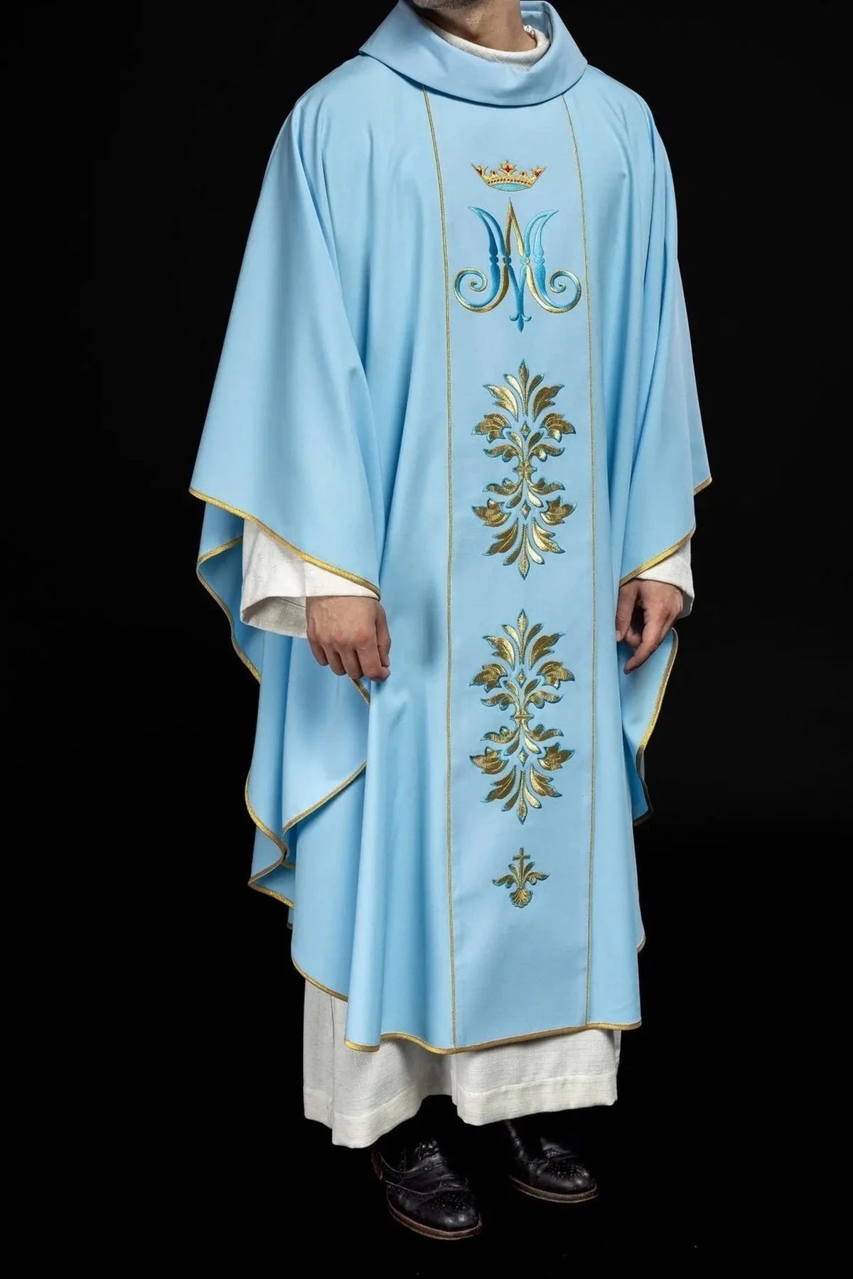 Blue Marian Chasuble with Crowned M and Floral Embroidery - gallery view 2