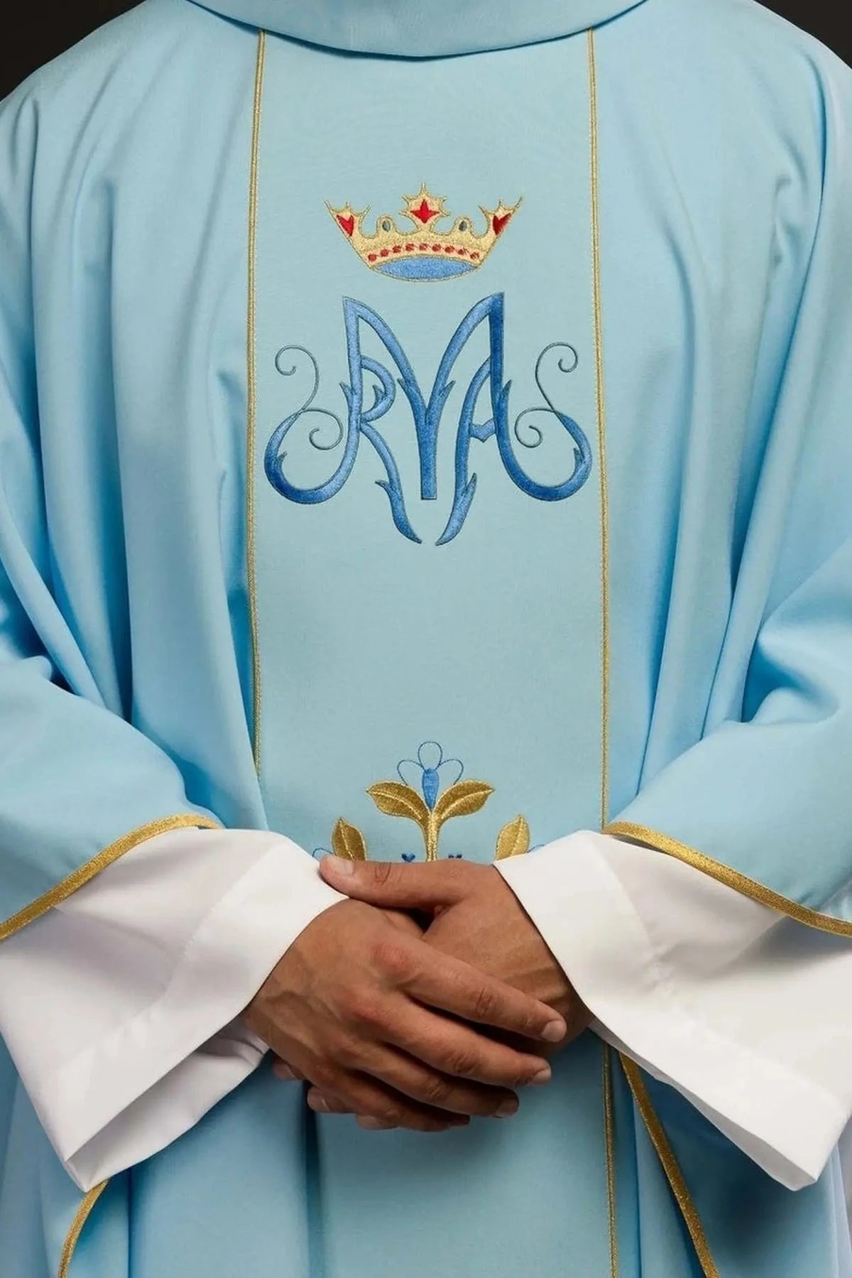 Blue Marian Chasuble with Crowned Monogram and Embroidered Band - gallery view 1