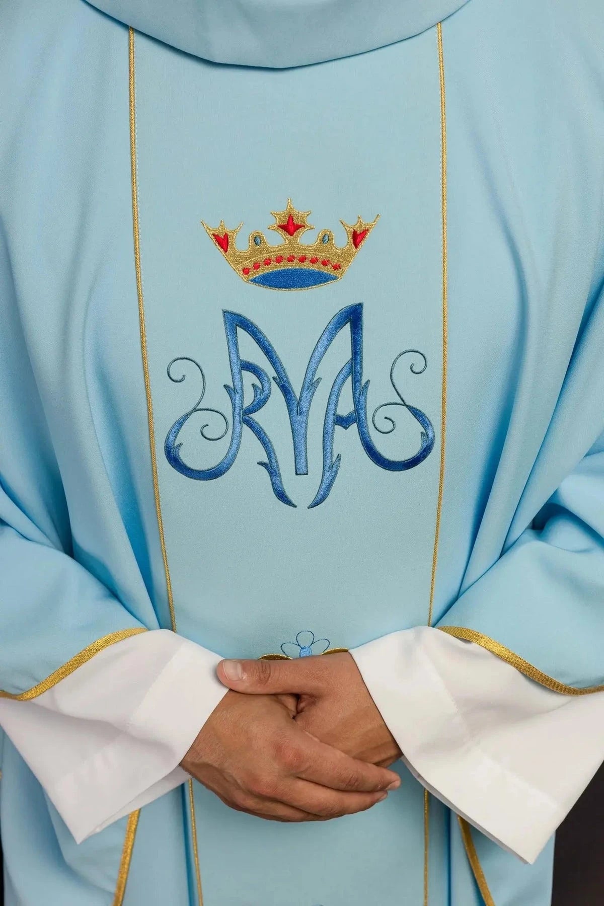 Blue Marian Chasuble with Crowned Monogram and Embroidered Band - gallery view 3