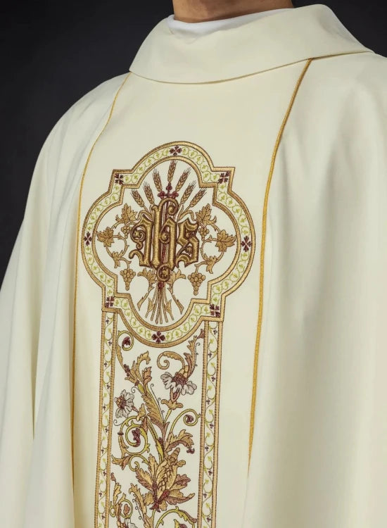 Ecru Chasuble with rich IHS decoration — front view