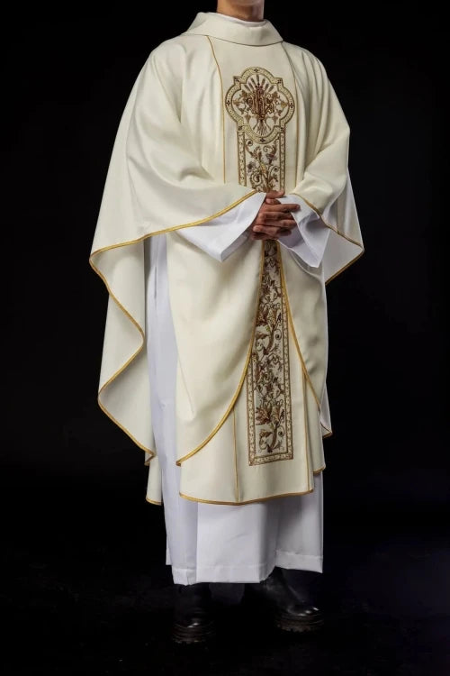 Ecru Chasuble with rich IHS decoration — full view