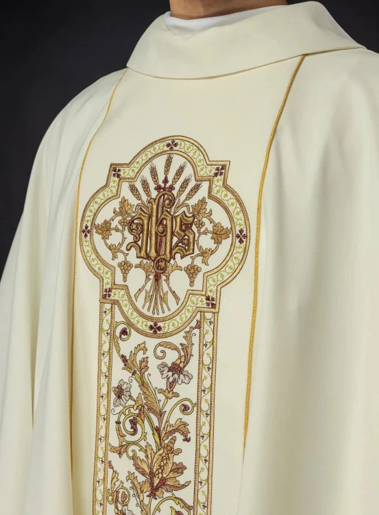 Ecru Chasuble with rich IHS decoration — decoration detail