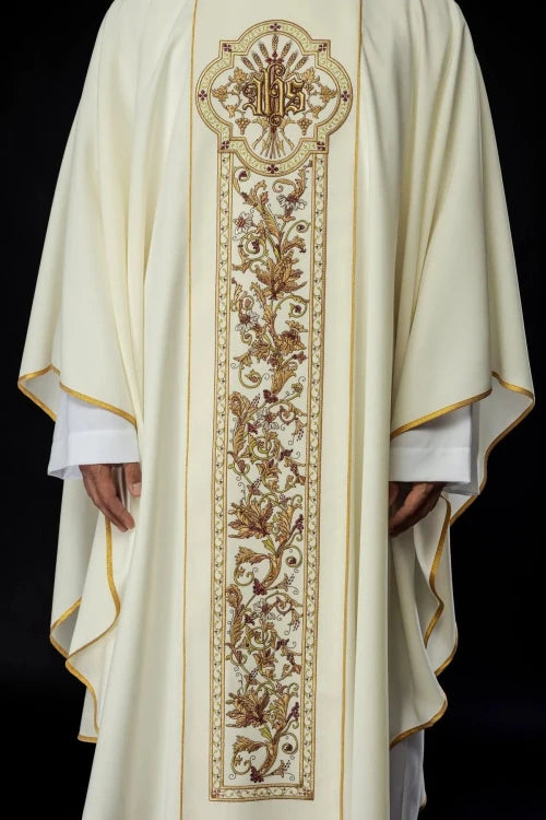 Ecru Chasuble with rich IHS decoration — close-up detail