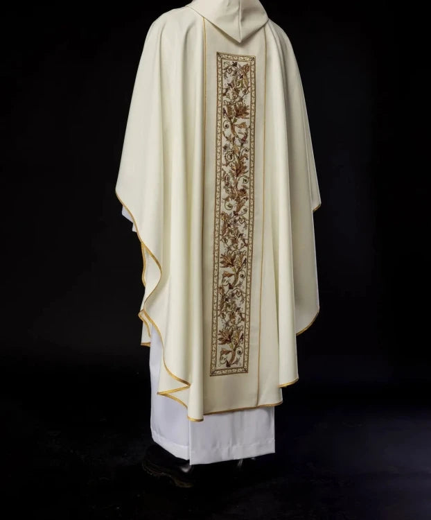 Ecru Chasuble with rich IHS decoration — fabric detail