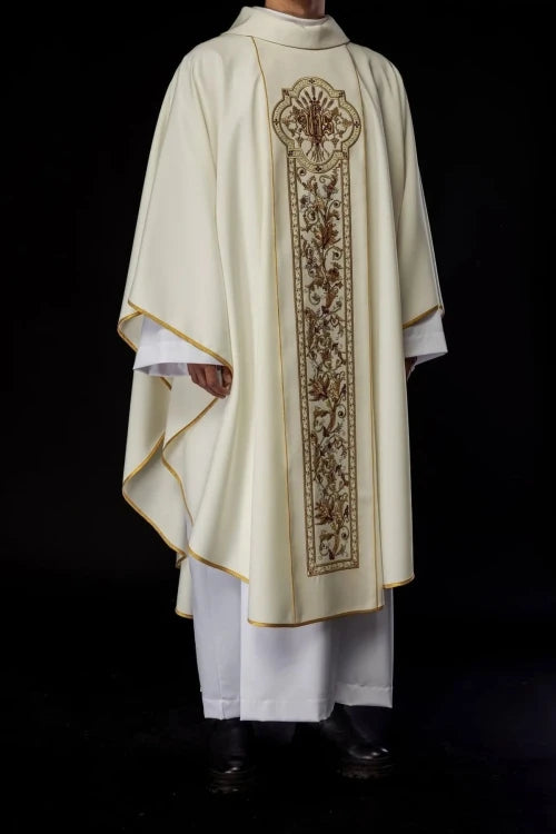 Ecru Chasuble with rich IHS decoration — vestment detail