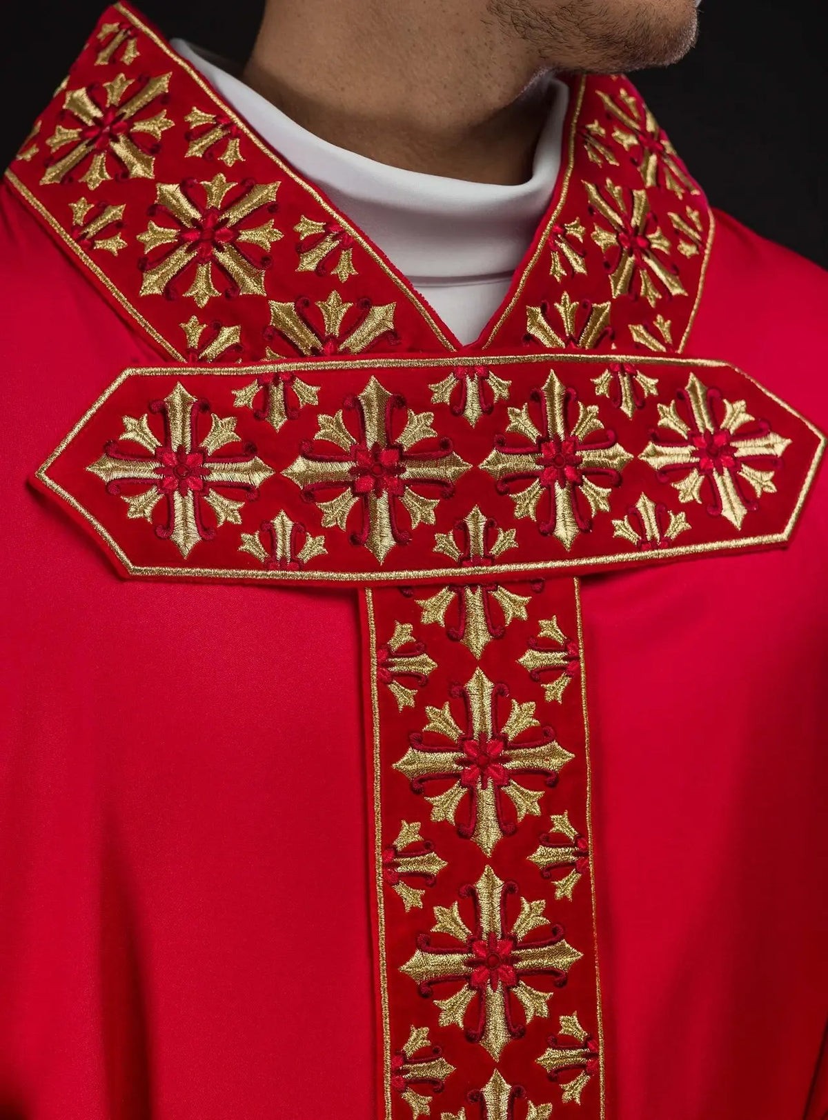 Bright Red Chasuble with Embroidery — embroidery close-up