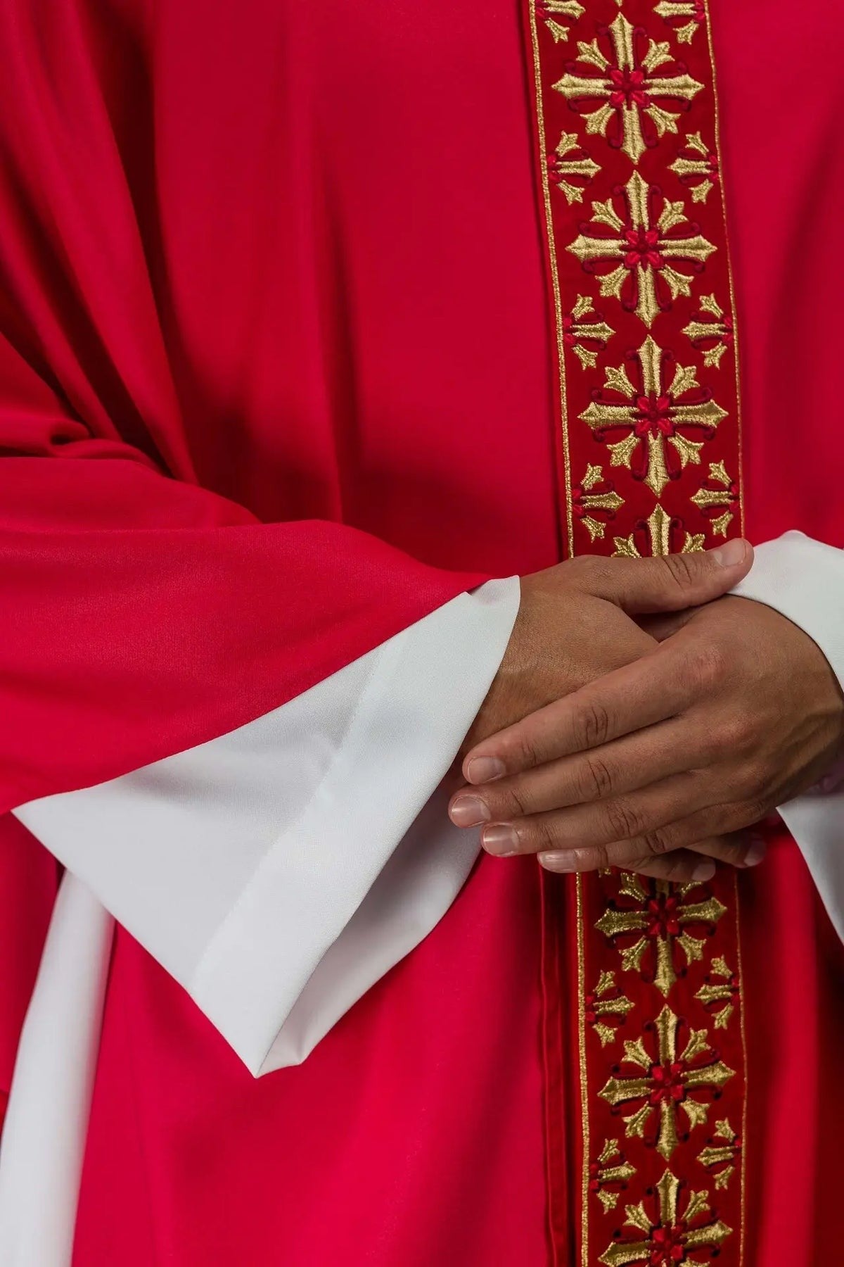 Bright Red Chasuble with Embroidery — collar finish