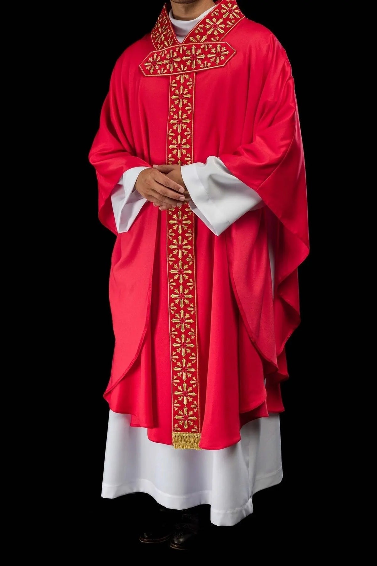 Bright Red Chasuble with Embroidery — fabric detail