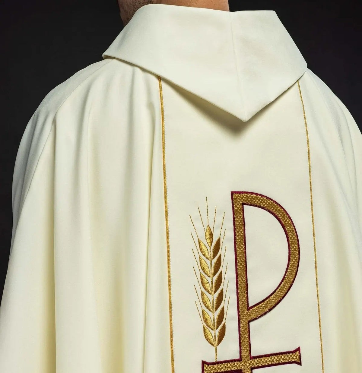 Ecru Chasuble with IHS Chalice Embroidery — collar detail