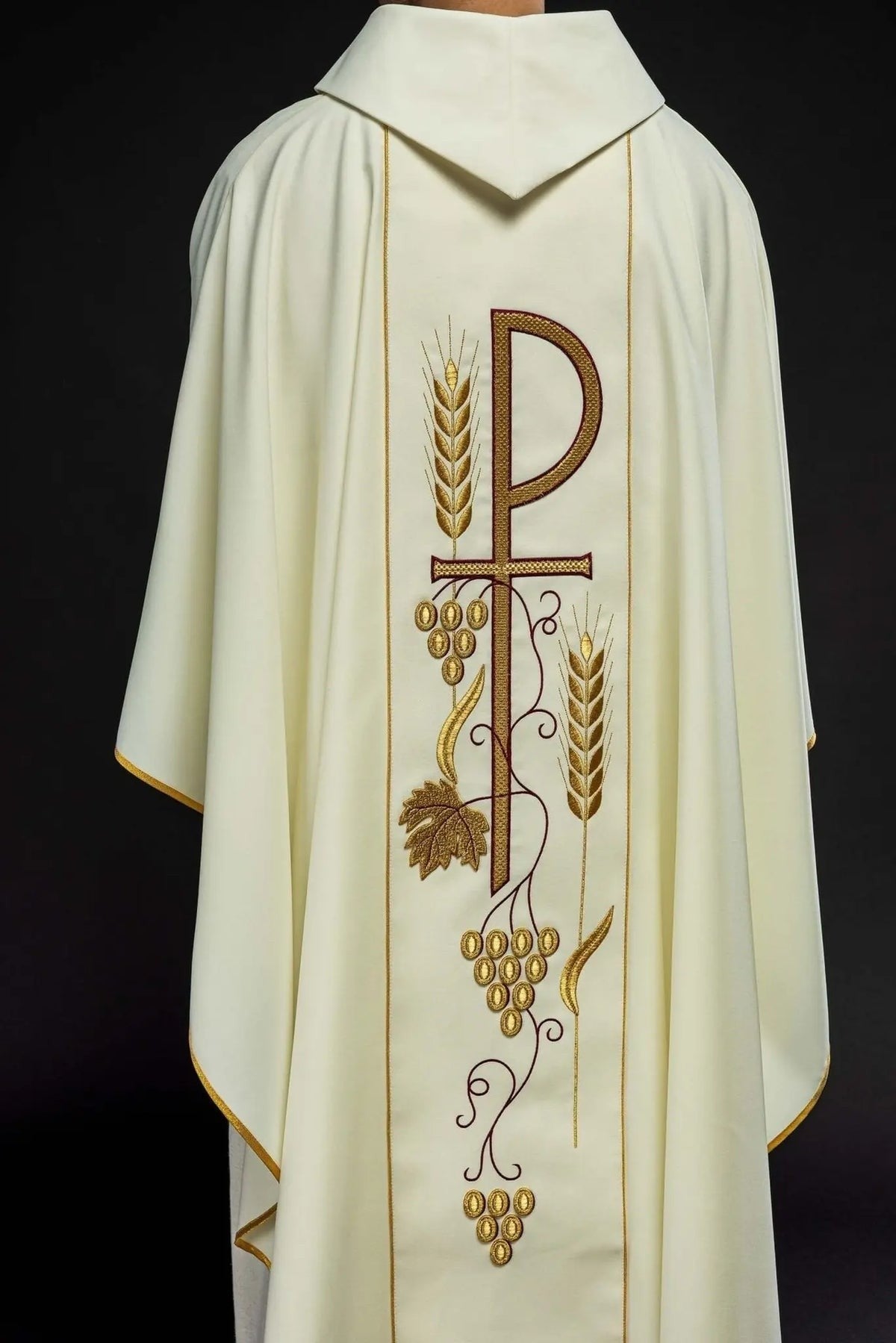 Ecru Chasuble with IHS Chalice Embroidery — front