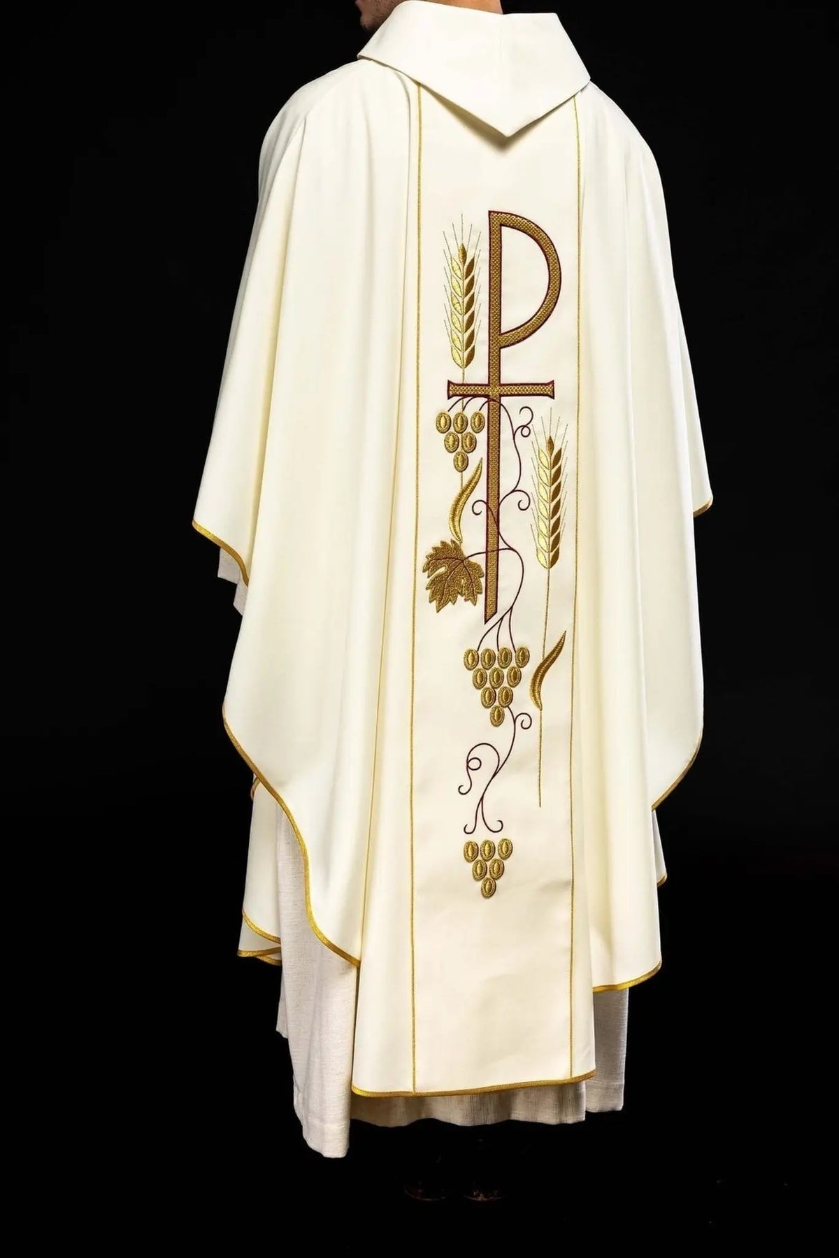 Ecru Chasuble with IHS Chalice Embroidery — back