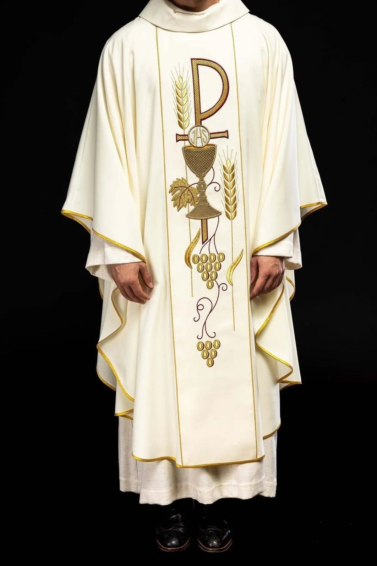 Ecru Chasuble with IHS Chalice Embroidery — fabric detail