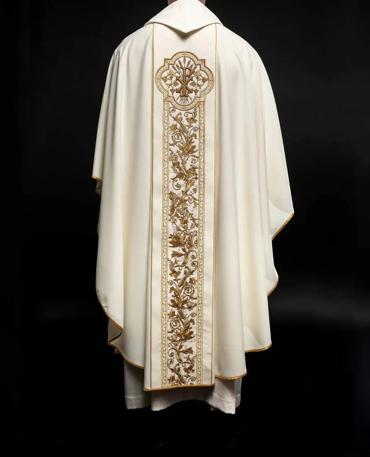 Ecru chasuble with Christogram and botanical embroidery – back view