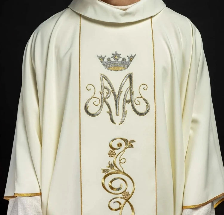 Ecru Chasuble with embroidered Marian band — front view