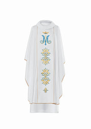 Ecru Chasuble with embroidered Marian symbol — front view