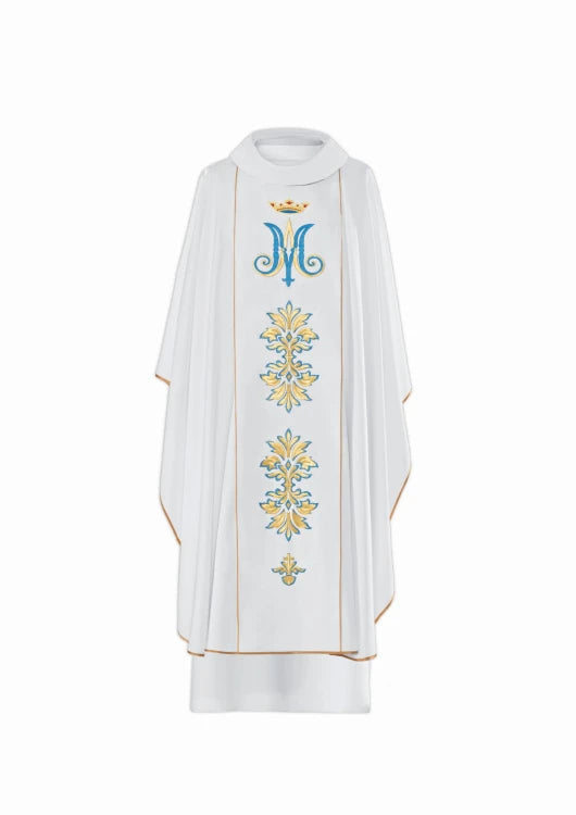 Ecru Chasuble with embroidered Marian symbol — front view