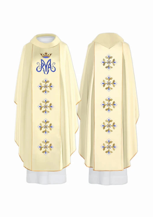 Ecru Chasuble with embroidered Marian band — front view
