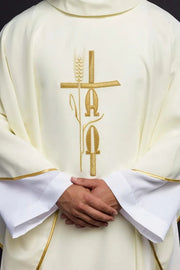 Ecru Chasuble with Alpha and Omega embroidery — front view