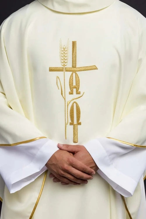 Ecru Chasuble with Alpha and Omega embroidery — front view