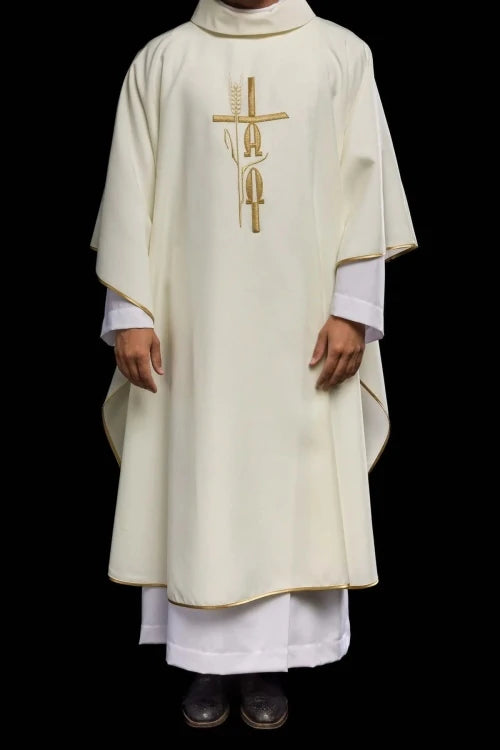 Ecru Chasuble with Alpha and Omega embroidery — full view