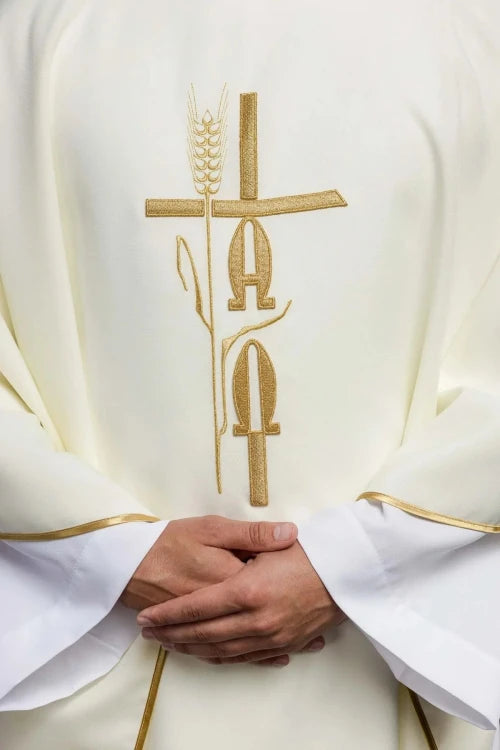 Ecru Chasuble with Alpha and Omega embroidery — decoration detail