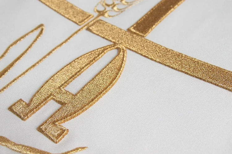 Ecru Chasuble with Alpha and Omega embroidery — back view