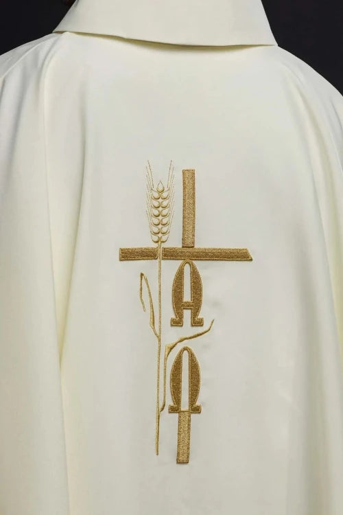 Ecru Chasuble with Alpha and Omega embroidery — close-up detail