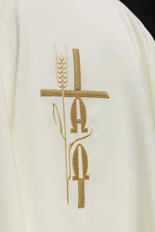 Ecru Chasuble with Alpha and Omega embroidery — side view