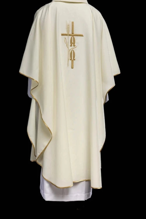 Ecru Chasuble with Alpha and Omega embroidery — collar detail