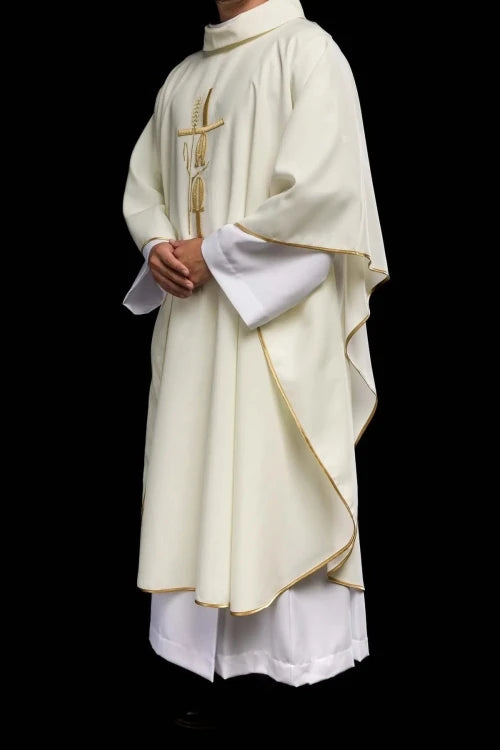 Ecru Chasuble with Alpha and Omega embroidery — fabric detail