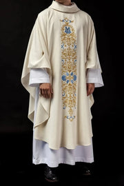 Ecru Chasuble with beaded decoration on glossy fabric — front view