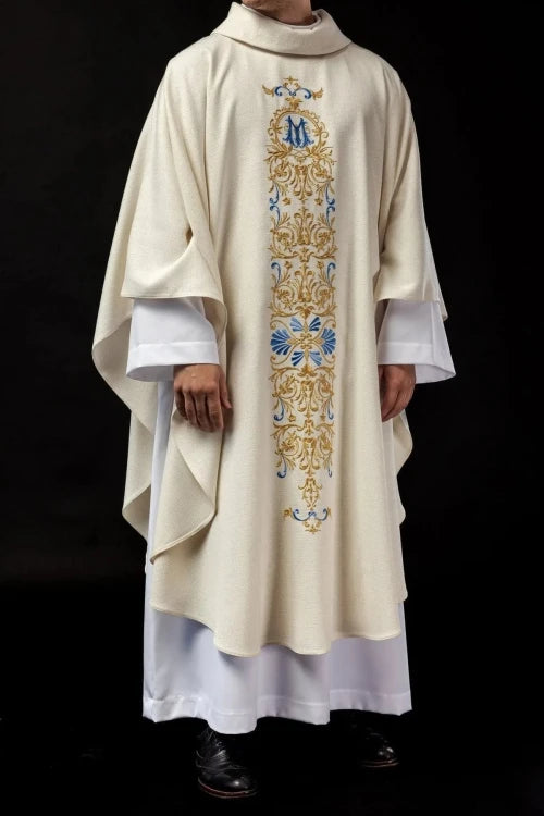 Ecru Chasuble with beaded decoration on glossy fabric — front view
