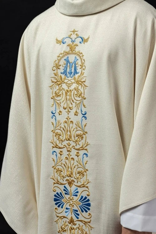 Ecru Chasuble with beaded decoration on glossy fabric — full view