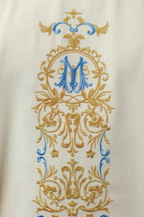 Ecru Chasuble with beaded decoration on glossy fabric — decoration detail