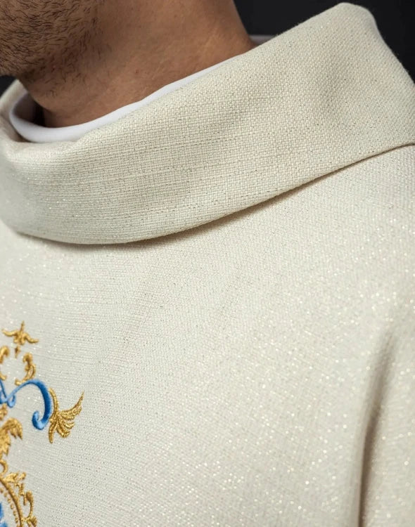Ecru Chasuble with beaded decoration on glossy fabric — back view