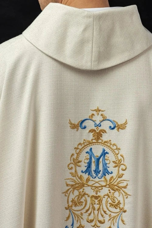 Ecru Chasuble with beaded decoration on glossy fabric — close-up detail