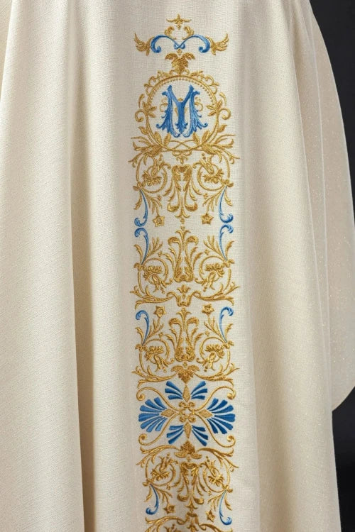 Ecru Chasuble with beaded decoration on glossy fabric — side view