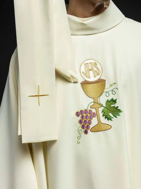 Ecru Chasuble with chalice, cross and grape embroidery — back view