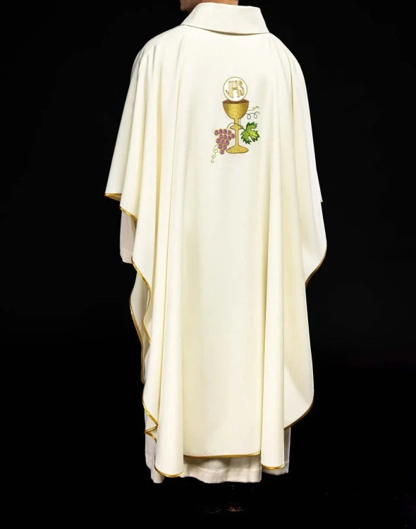 Ecru Chasuble with chalice, cross and grape embroidery — side view