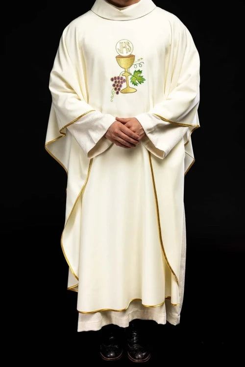 Ecru Chasuble with chalice, cross and grape embroidery — collar detail